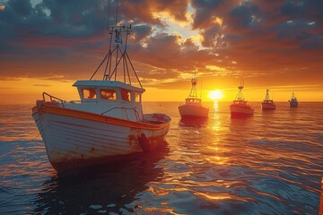 Naklejka premium A serene seascape with multiple fishing boats anchored in calm waters under a glorious sunset sky