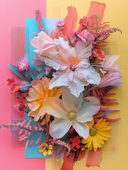 Vibrantly juxtaposed flowers and abstract shapes burst with color on a dual-toned backdrop.