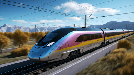 High Speed Train With Pink and Yellow Livery Going At Full Speed In Switzerland
