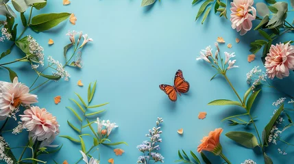 Papier Peint photo Lavable Papillons en grunge pastel blue background copy space with minimalist flowers, butterfly and plants on the edges