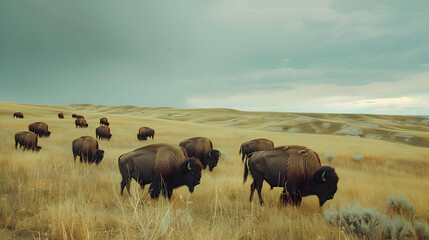 Herd of majestic bison grazing on vast, windswept prairie