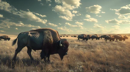 Fotobehang Herd of majestic bison grazing on vast, windswept prairie © Muhammad