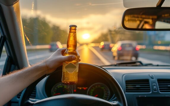 Man driving a car while dangerously holding a beer bottle, depicting risk and irresponsibility.