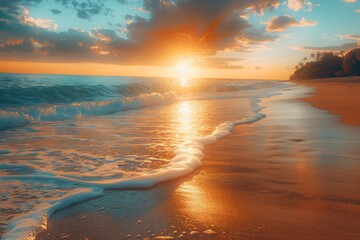 A breathtaking view of a serene sunset with vivid colors reflecting off the shoreline and waves rolling in
