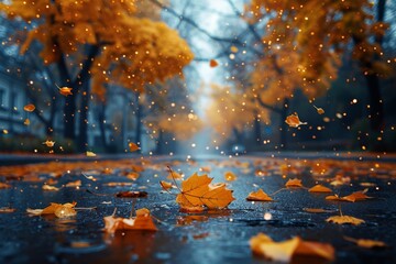 A dreamy cityscape infused with the magic of autumn as golden leaves fall gently on a rain-kissed street in a calm neighborhood