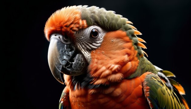   A focused image of a vibrant parrot against a dark background, featuring a clear image of the parrot and a softened, indistinct backdrop behind its head
