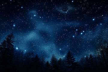 Beautiful Stars In The Sky Above The Forest Trees. a starry night sky over trees, Starry Sky Landscape
