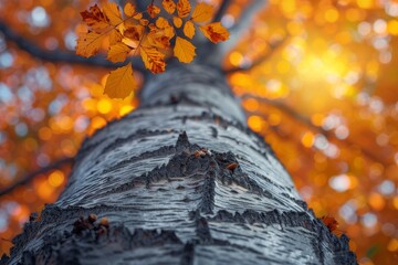 A close-up view of a birch tree trunk with vivid orange autumn leaves creating a warm, inviting background