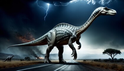   A massive dinosaur perches on a road at night, illuminated by lightning in the background