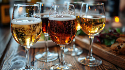 Obraz premium Assorted beers in glasses on wooden table with warm, ambient lighting.