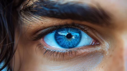 Fotobehang Close-up of a person's blue eye with detailed iris texture, eyelashes, and eyebrow visible. © amixstudio