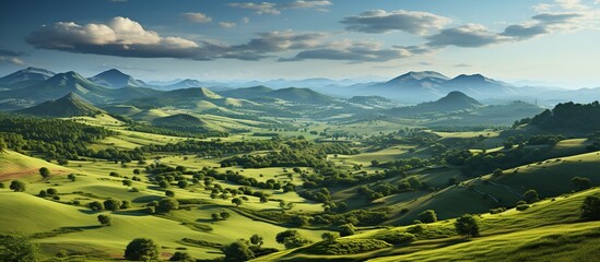 Beautiful summer landscape in the mountains. Panoramic view. Serene Green Hills - obrazy, fototapety, plakaty