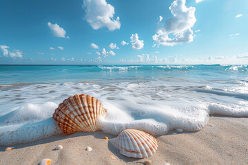 Obraz premium Close-up of seashells on the beach with foamy waves surrounding them in daylight