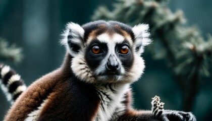 Obraz premium Close-up image of a small brown-white animal with black and white stripes on its face