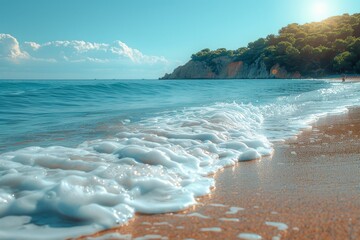 Gentle waves wash over a golden sunlit beach, with distant cliffs providing a stunning backdrop