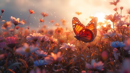 beauty of a kaleidoscope of butterflies, fluttering amidst a field of colorful wildflowers, their delicate wings shimmering in the soft light of dawn, captured in breathtaking 16k realism.