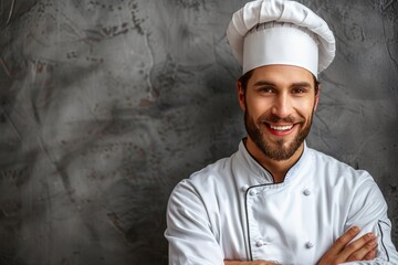 Naklejka premium Friendly male chef with arms crossed and a warm smile, standing before a textured wall in his chef outfit