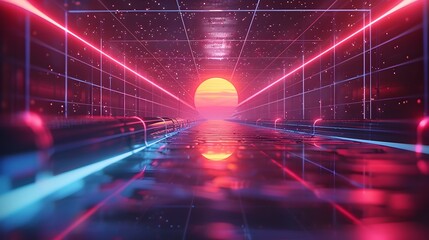 Futuristic Neon Tunnel with Anime Style Details, To provide a visually striking and versatile design element that combines modern and retro - obrazy, fototapety, plakaty
