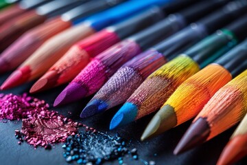 A sleek array of cosmetic pencils with pigment powder, displaying the beauty of makeup artistry - Powered by Adobe