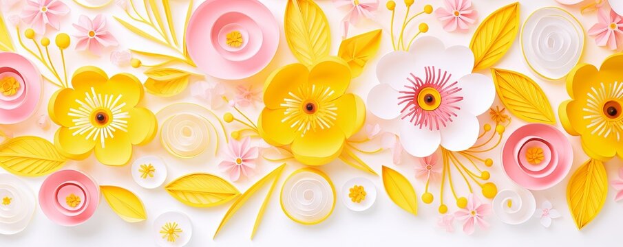 bright spring colors yellow and white, pinknordic pattern white background with flower and flowers, floral backdrop with copy space