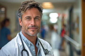 A charismatic male doctor with stubble and salt-and-pepper hair poses in a hospital hallway