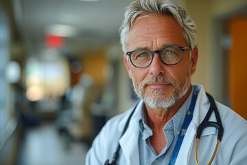 A mature male doctor in eyeglasses, with serious expression, in a clinical environment