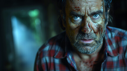 Fototapeta premium Portrait of a creepy man with an angry expression with drops of blood on his face