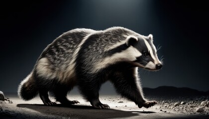   A badger standing on a rocky terrain, illuminated from behind by a bright light