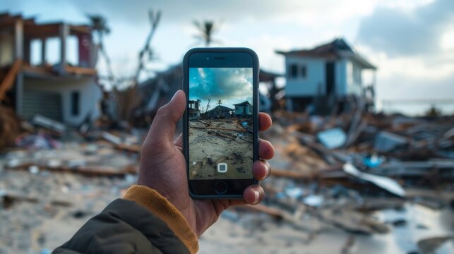 Person Holding Cell Phone in Front of Destroyed Building