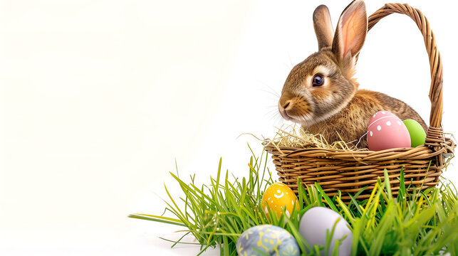 Easter Bunny with Colorful Eggs in Basket on White Background