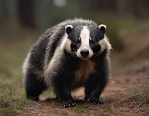 Fototapeta premium Close-up of a badger walking on a dirt road surrounded by forest landscape with grass and trees in the background