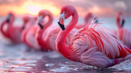 colorful display of a flock of flamingos, wading gracefully through the shallow waters of a tranquil lagoon, their vibrant plumage casting a mesmerizing reflection
