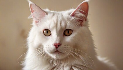 Fototapeta premium A close-up image of a purebred cat with striking white fur, large chocolate-colored eyes, and long, elegant whiskers resting gracefully on its hind legs