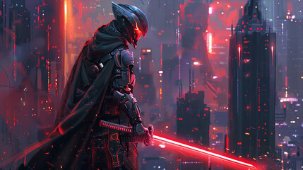 A futuristic samurai clad in neon lit armor standing amidst a sci fi Tokyo skyline katana glowing with advanced technology