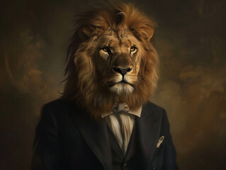 A regal lion with a mane neatly combed suited up in corporate attire exuding leadership in a grand executive portrait studio