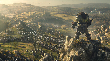 A powerful orc chieftain standing atop a hill overseeing an army of orcs ready for battle with a vast untouched wilderness stretching into the horizon - obrazy, fototapety, plakaty