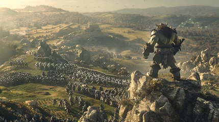 Fotobehang A powerful orc chieftain standing atop a hill overseeing an army of orcs ready for battle with a vast untouched wilderness stretching into the horizon © Thanaphon