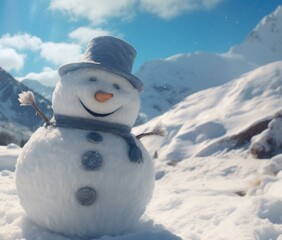 Obraz premium A snowman with a hat and scarf standing in the middle of some snowy ground. Generative AI.