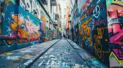 Fotobehang Vibrant graffiti adorns the walls of a street, its bold colors popping against a clean white backdrop, adding an artistic flair to the urban landscape. © Hamza