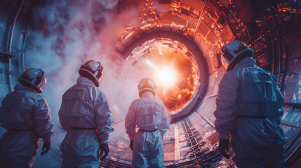 Engineers in advanced protective suits observing a nuclear fusion reaction bright and intense energy beams converging in the center - obrazy, fototapety, plakaty