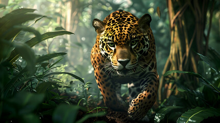 Jaguar prowling through dense South American jungle