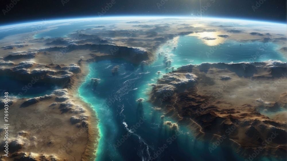 Poster a view of the earth from space with clouds and water. generative ai.