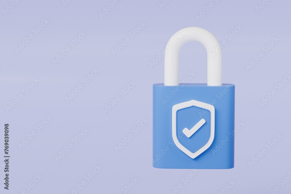 Poster 3d lock and shield with checkmark and password icon. security protection concept. data protection, p