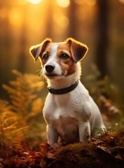 A small dog sitting in the woods with a sun shining on it. Generative AI.