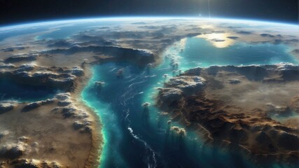 A view of the earth from space with clouds and water. Generative AI.