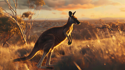 Kangaroo bounding through the Australian outback - obrazy, fototapety, plakaty