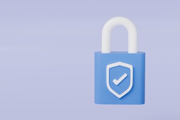 3d Lock and shield with checkmark and password icon. Security protection concept. Data protection, private access. Minimal cartoon blue padlock with shield isolated on purple background. 3d rendering.