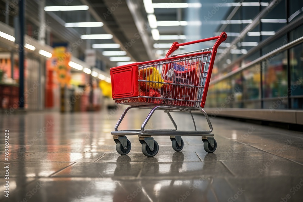 Poster a red shopping cart sitting in a store aisle with other items. generative ai.