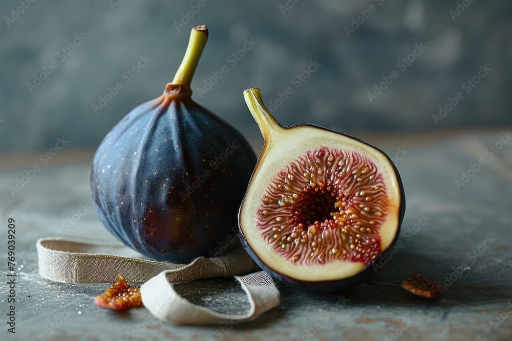 Poster a fig with a slice cut out of it on the table. generative ai.