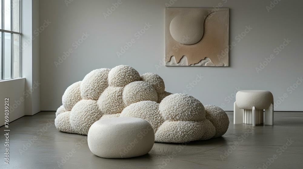 Poster a white stools and a painting sit in front of each other. generative ai.